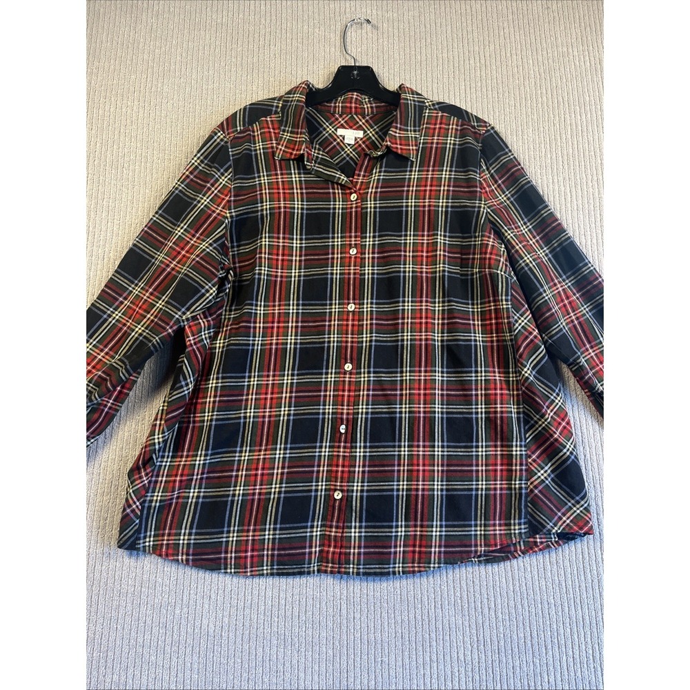 J. Jill Dress Shirt Top Women's XL Plaid Collared Red Multicolor 100% Cotton
